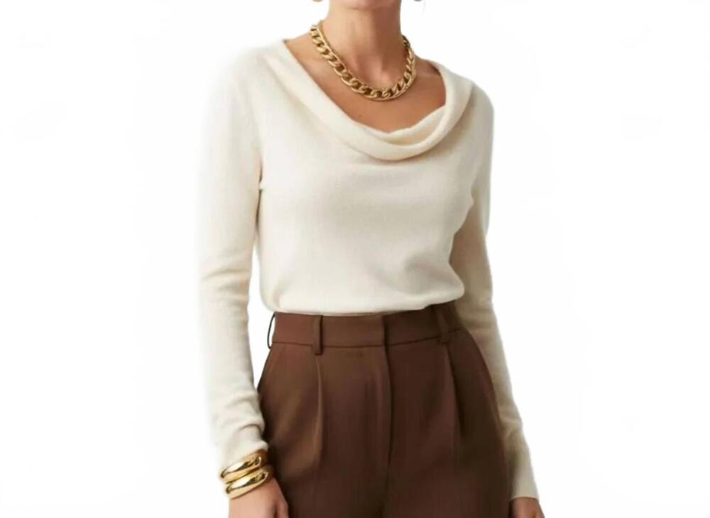 NEW HALSTON HERITAGE long sleeve drape neck cashmere sweater in champagne